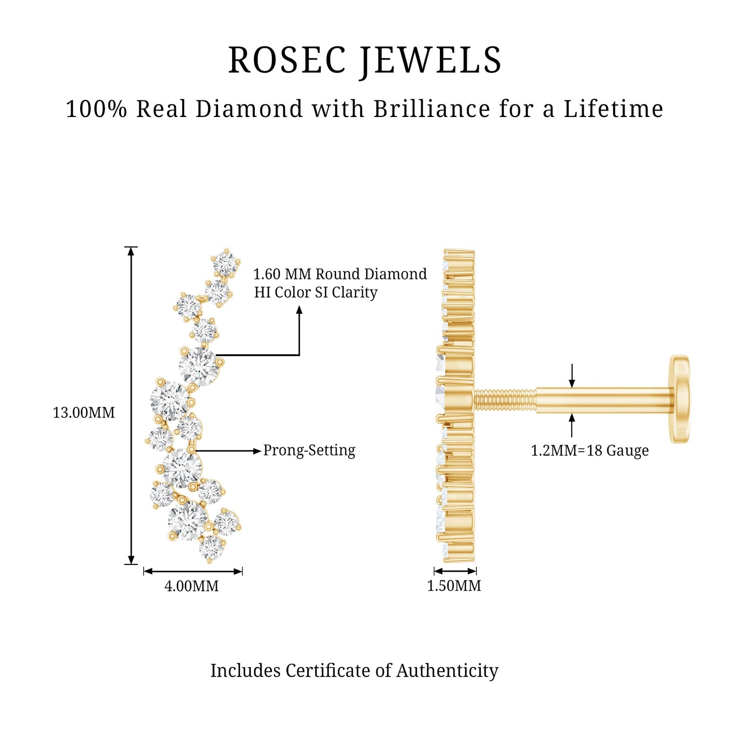 Natural Diamond Cluster Crawler Earring for Helix Piercing