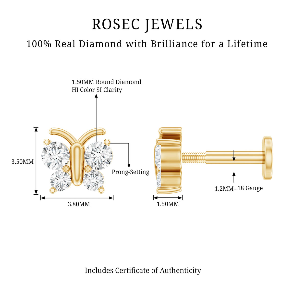 Natural Diamond Butterfly Earring for Cartilage Piercing