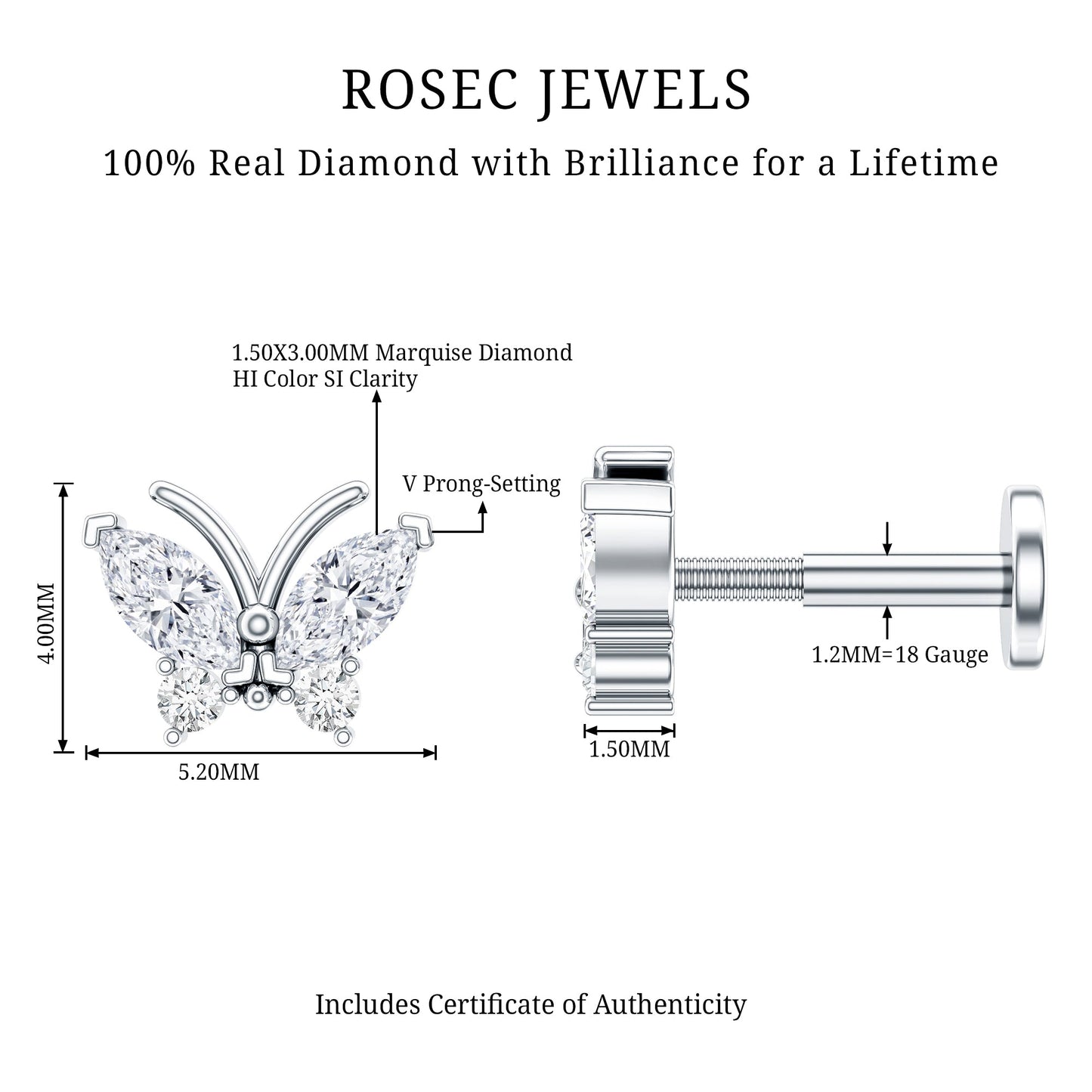 Natural Diamond Butterfly Earring for Helix Piercing