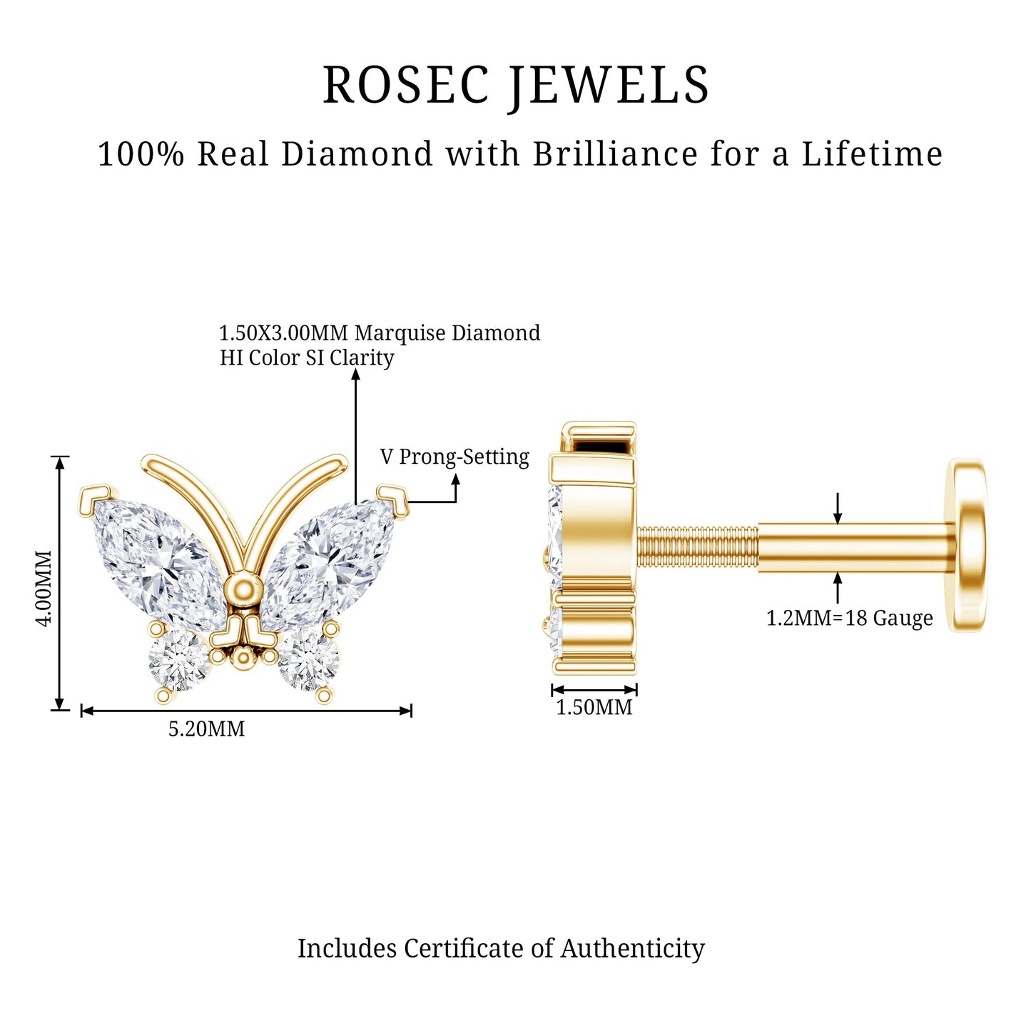 Natural Diamond Butterfly Earring for Helix Piercing