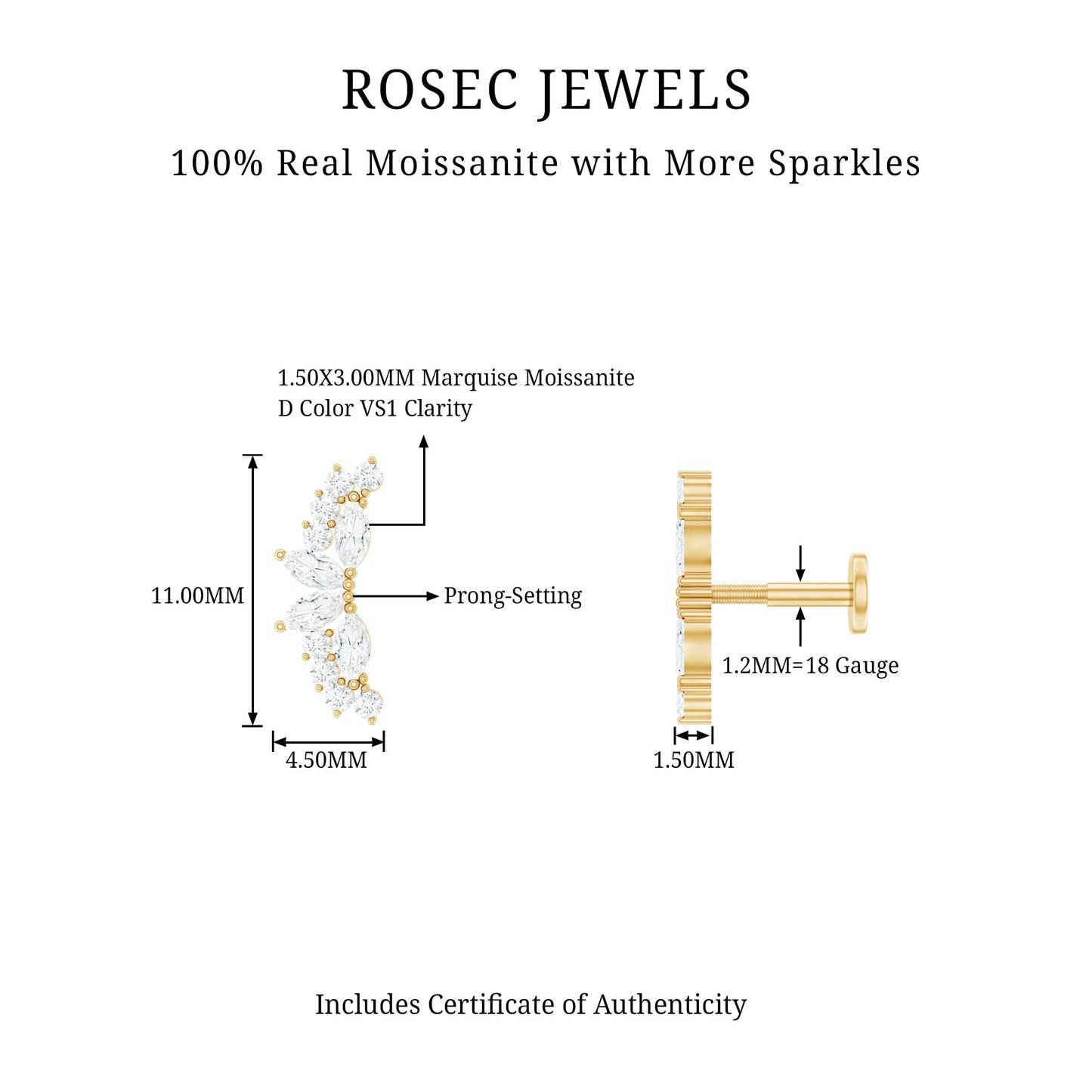 Marquise and Round Moissanite Curved Crawler Earring