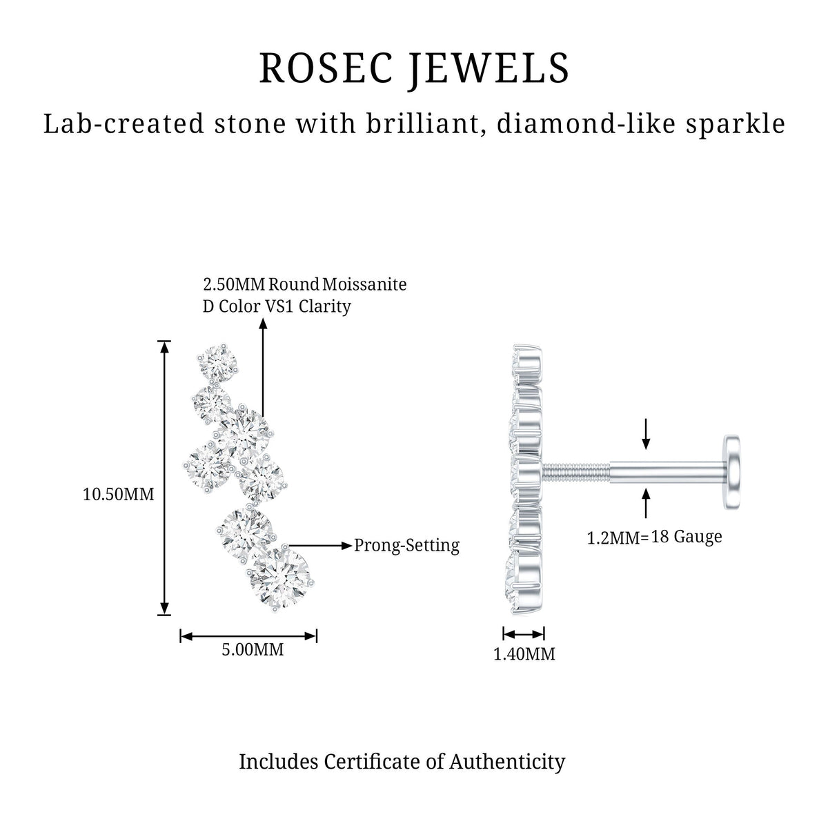 Round Moissanite Cluster Ear Crawler Earring for Helix Piercing