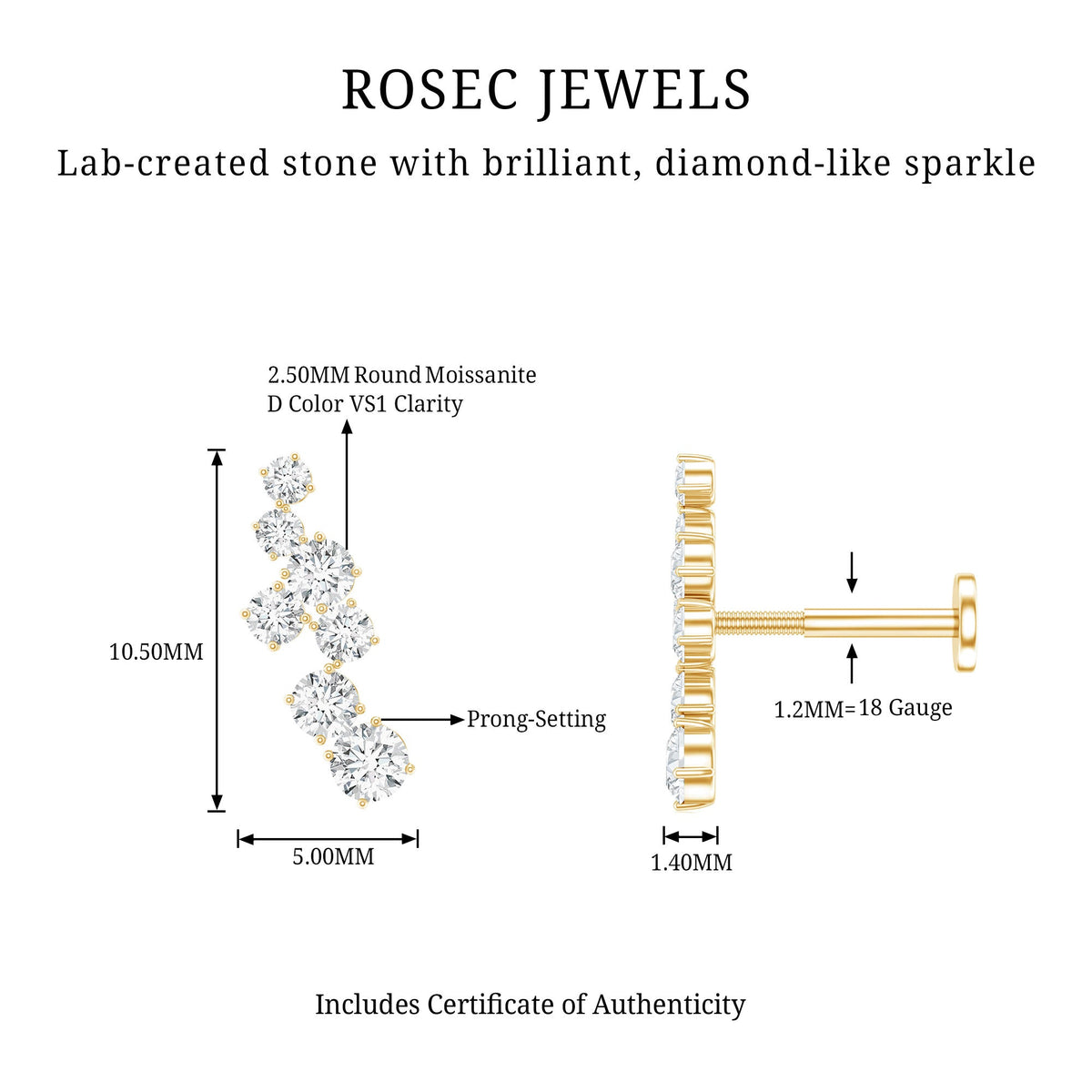 Round Moissanite Cluster Ear Crawler Earring for Helix Piercing