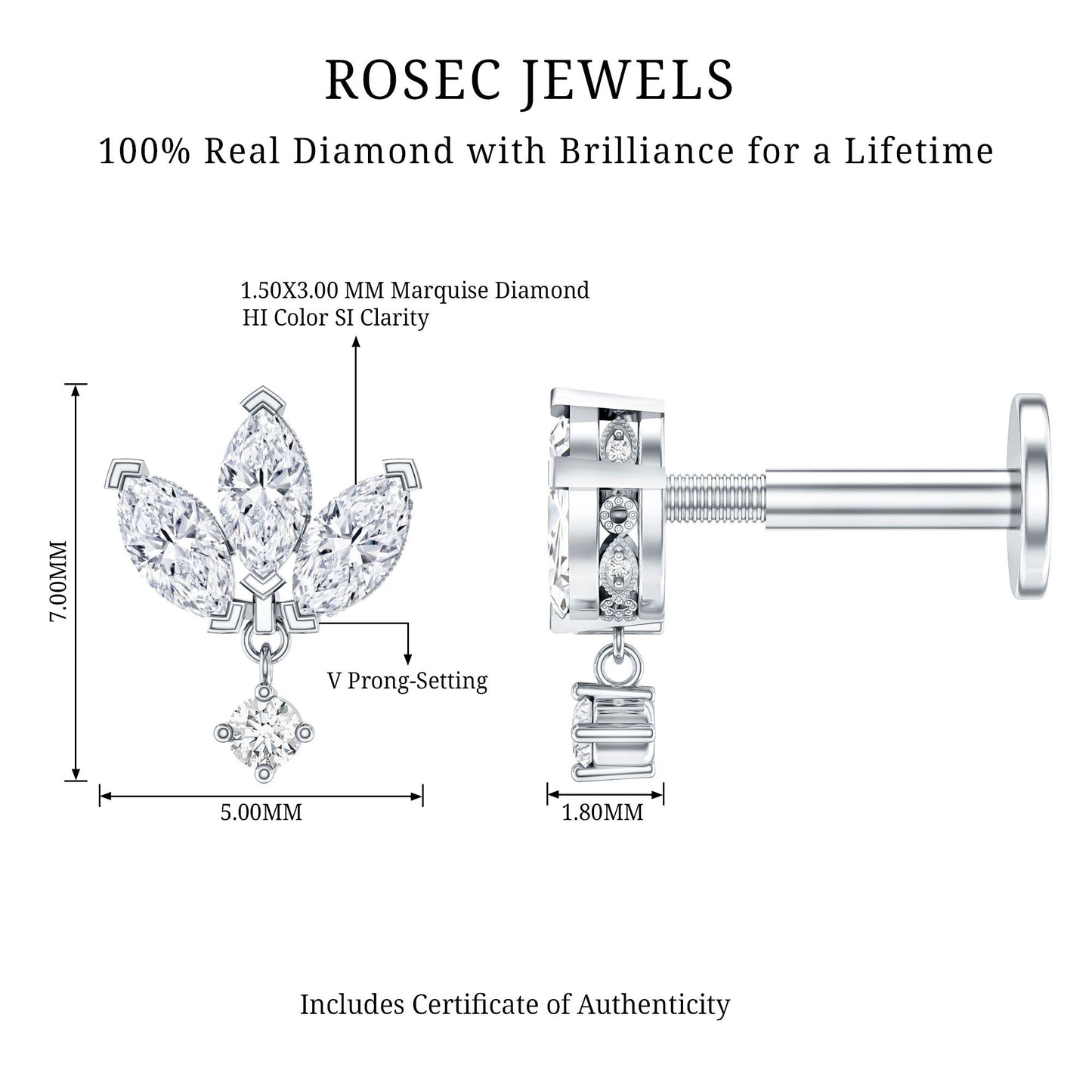 Real Diamond Lotus Flower Drop Earring for Cartilage Piercing