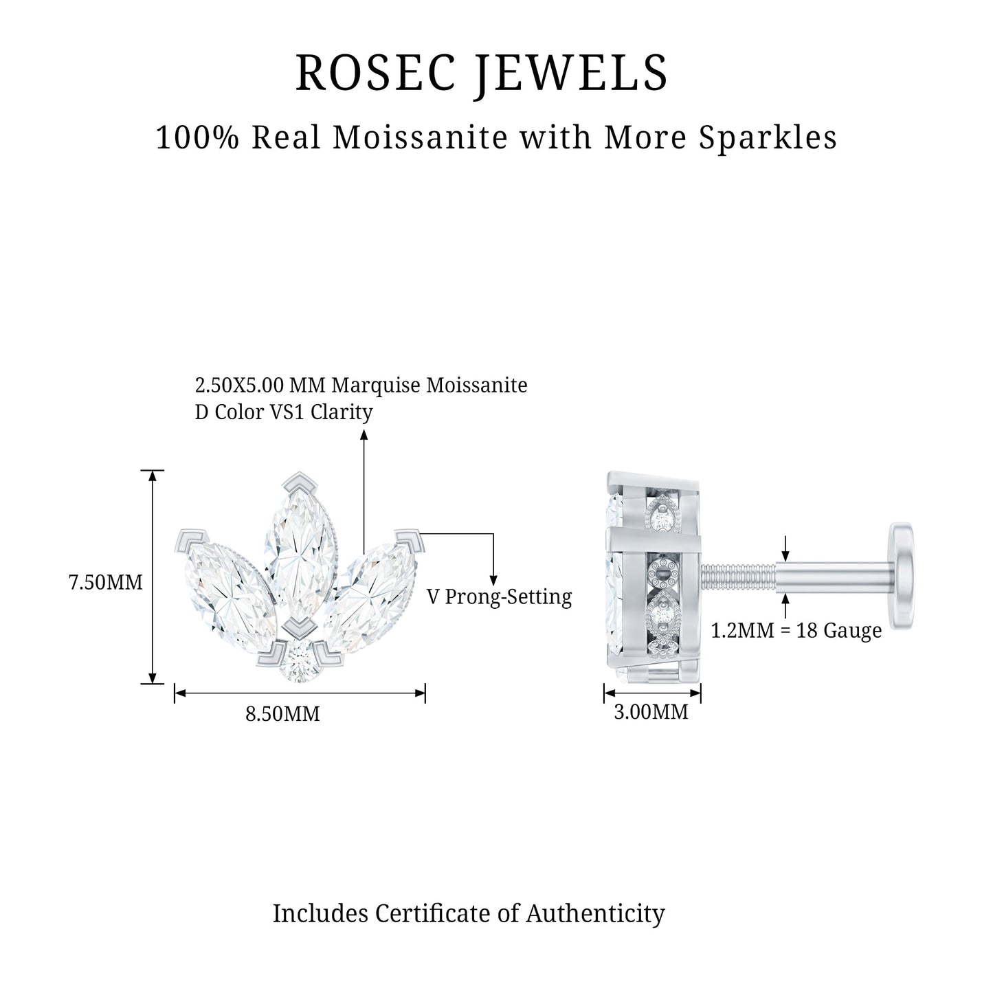Certified Marquise Moissanite Lotus Flower Earring for Helix Piercing