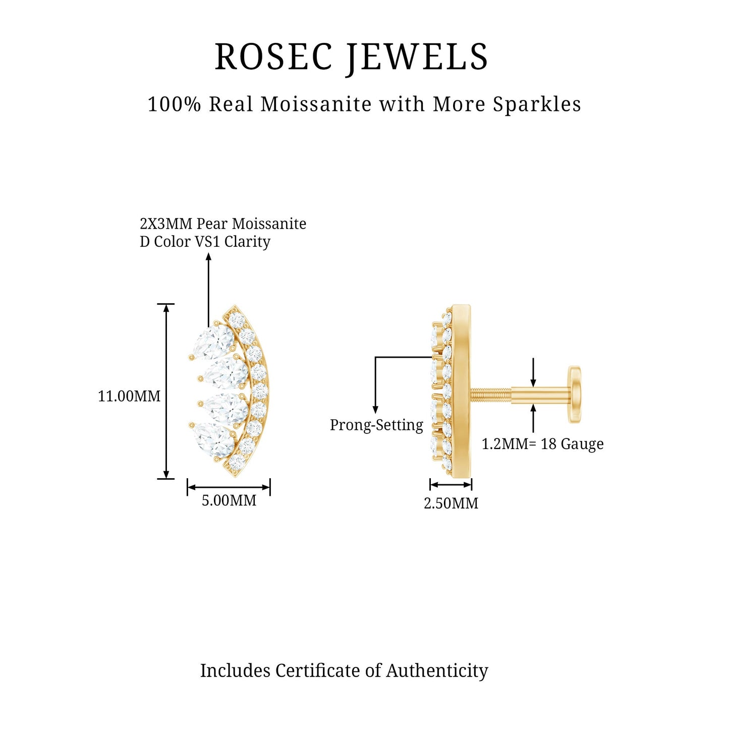 Pear and Round Moissanite Curved Cartilage Earring