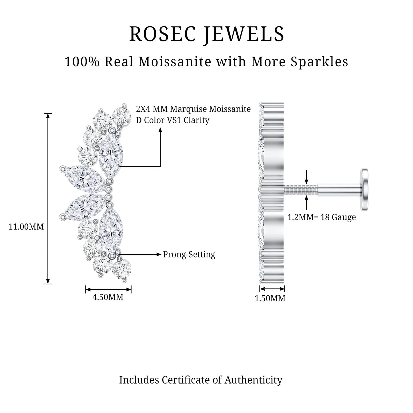 Certified Moissanite Cluster Crawler Earring for Helix Piercing