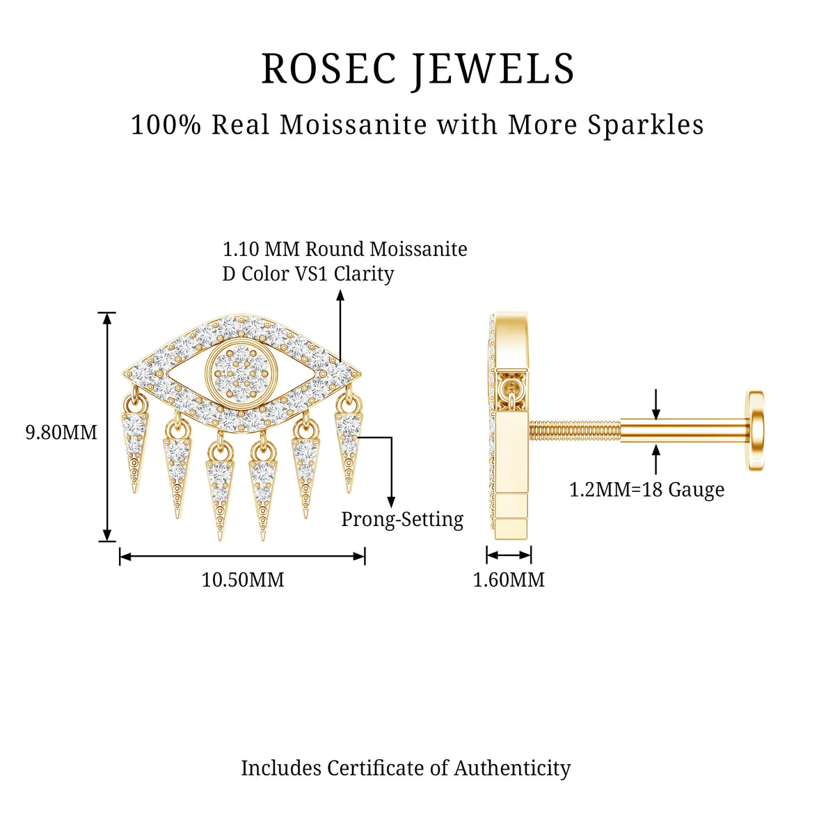 Unique Moissanite Evil Eye Earring for Cartilage Piercing