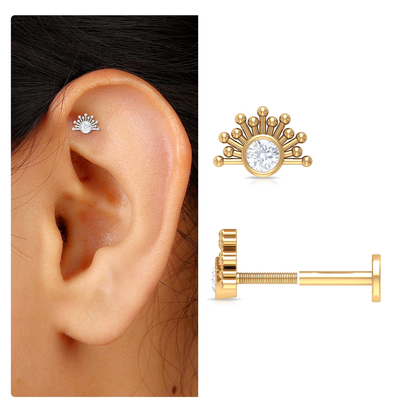Bezel Set Diamond Sunburst Earring for Helix Piercing