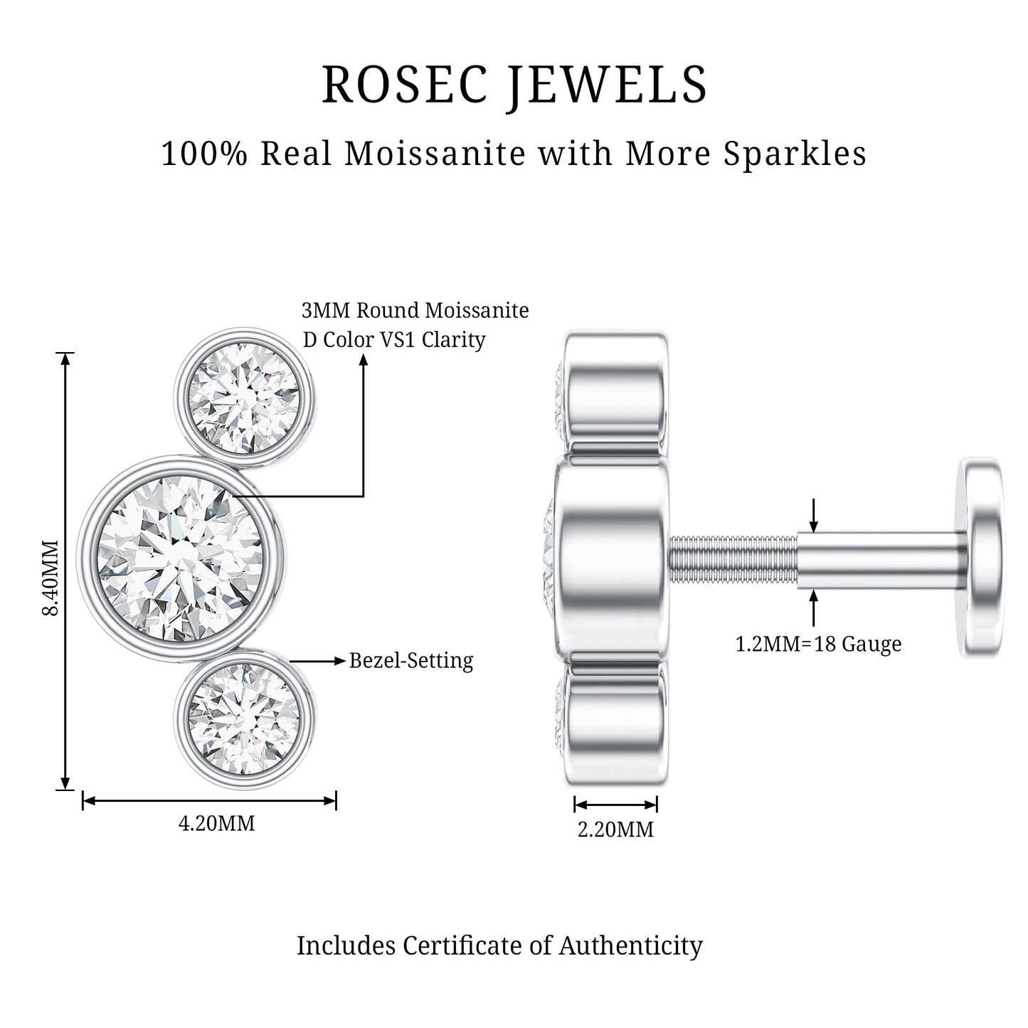 Certified Moissanite Three Stone Crawler Helix Earring