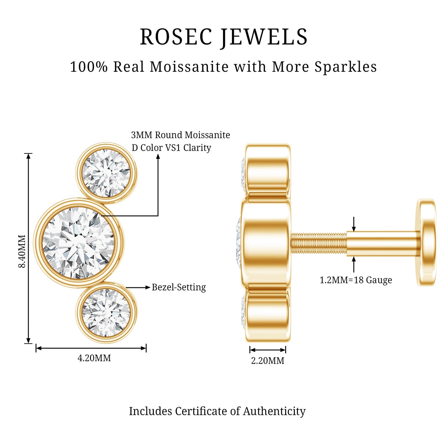 Certified Moissanite Three Stone Crawler Helix Earring