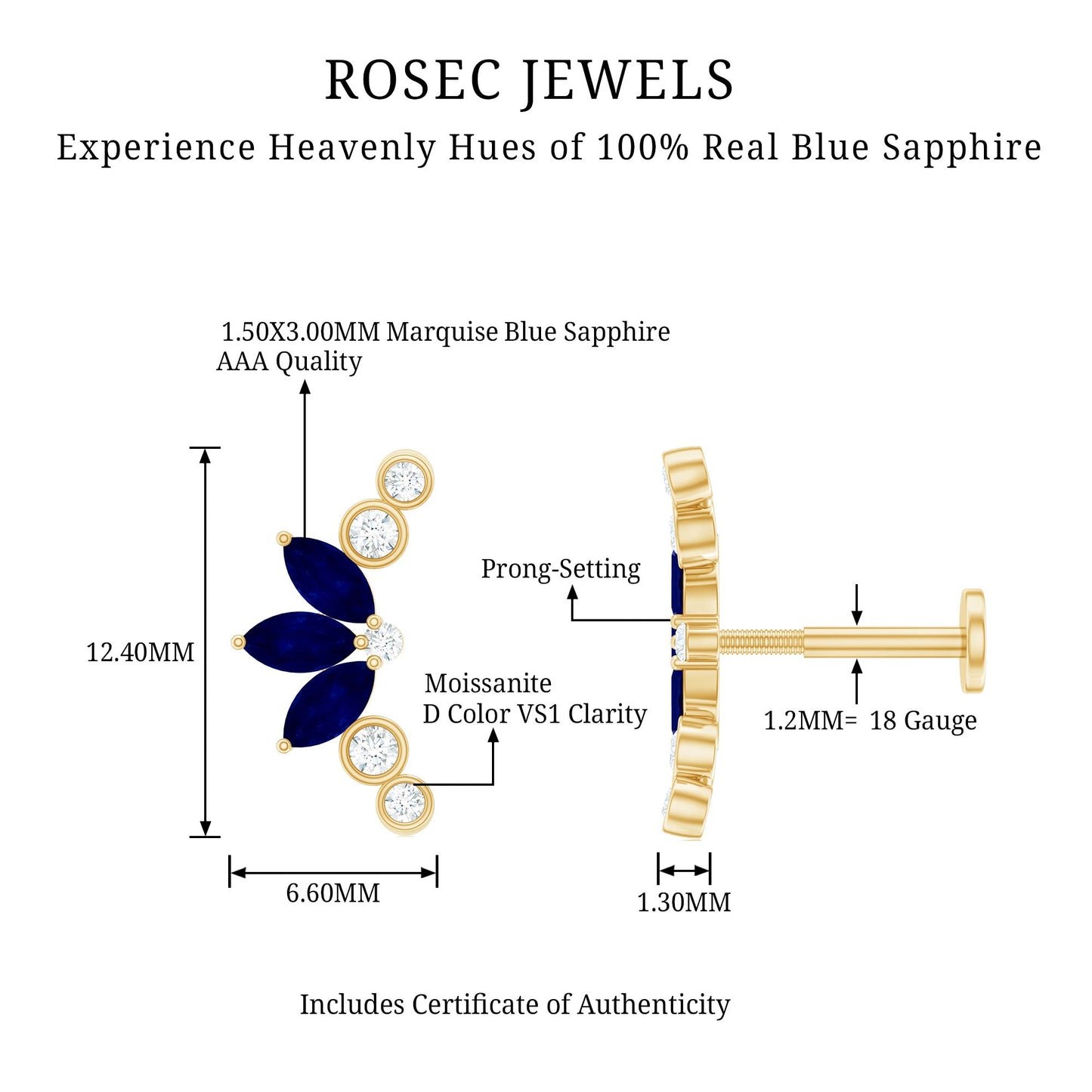 Natural Blue Sapphire Ear Crawler Earring