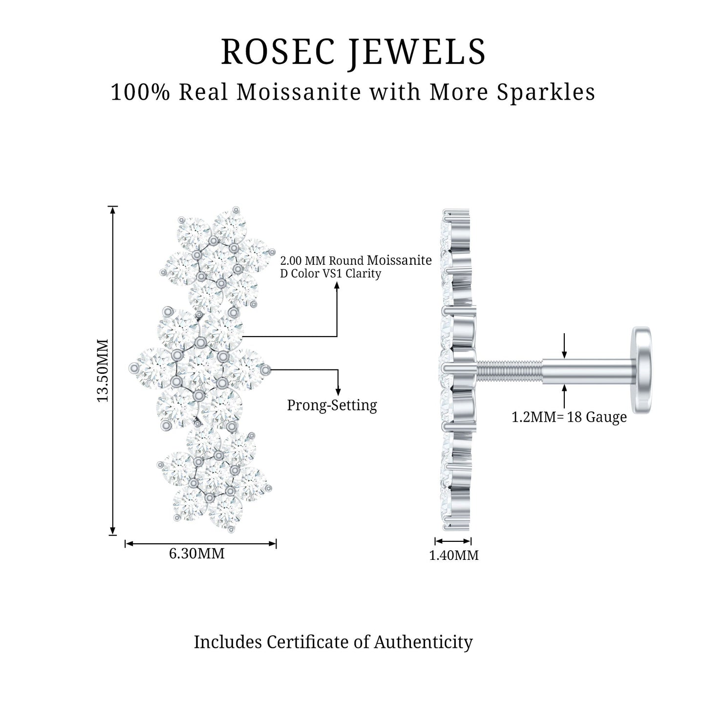 Certified Moissanite Flower Ear Climber Earring