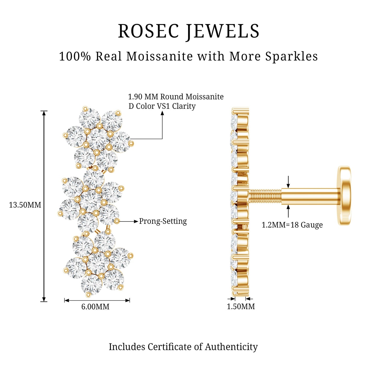 Certified Moissanite Flower Ear Crawler Earring for Women