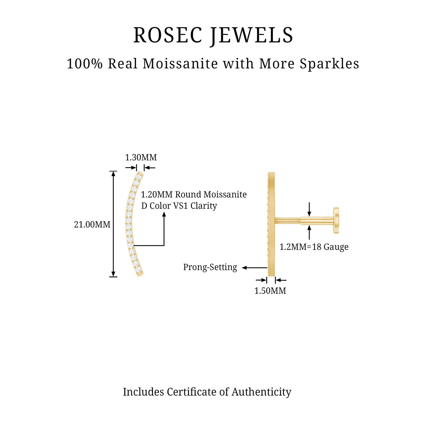 Certified Moissanite Curved Climber Earring for Her
