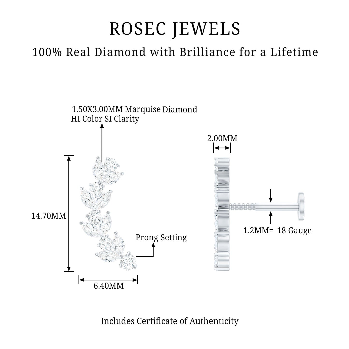 Nature Inspired Diamond Leaf Crawler Helix Earring