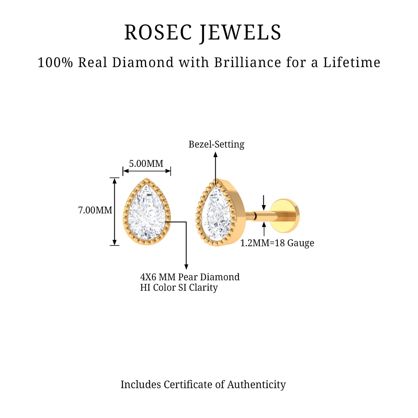 Solitaire Diamond Teardrop Stud Earring for Helix Piercing