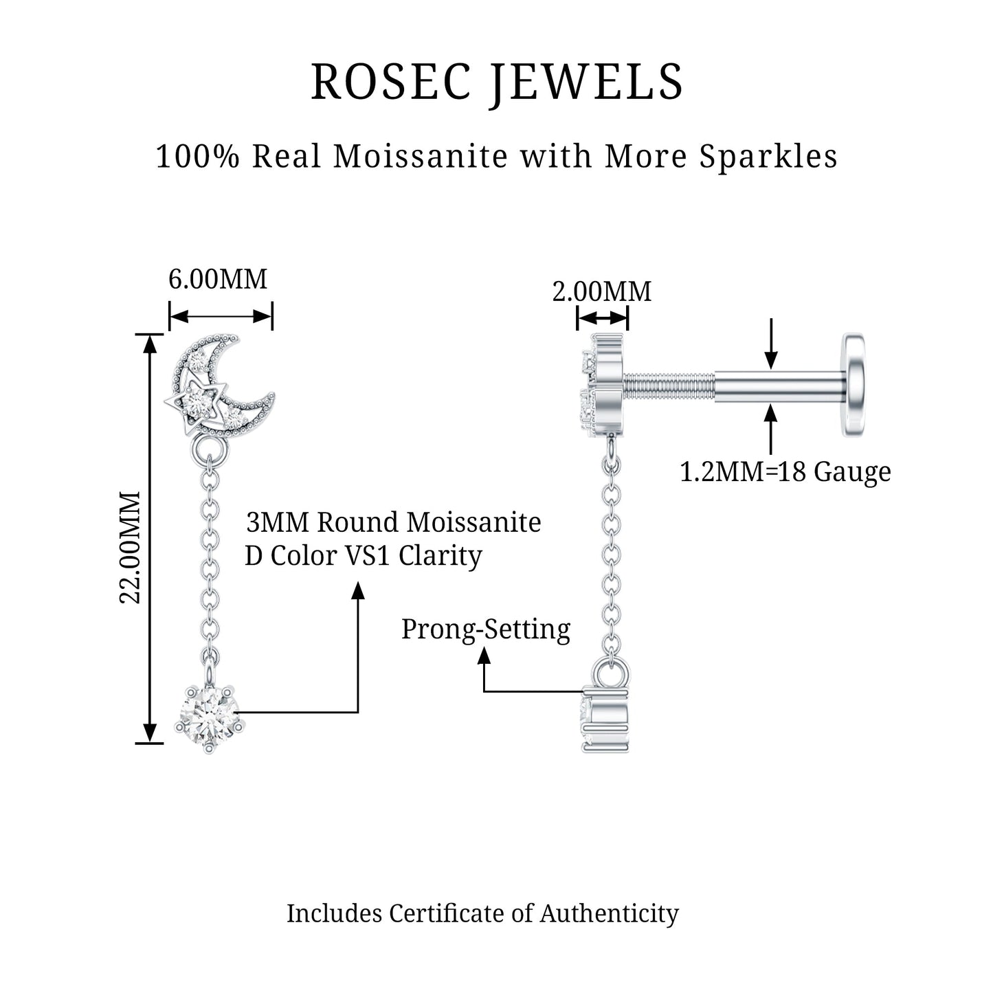 Moissanite Celestial Chain Drop Earring for Helix Piercing