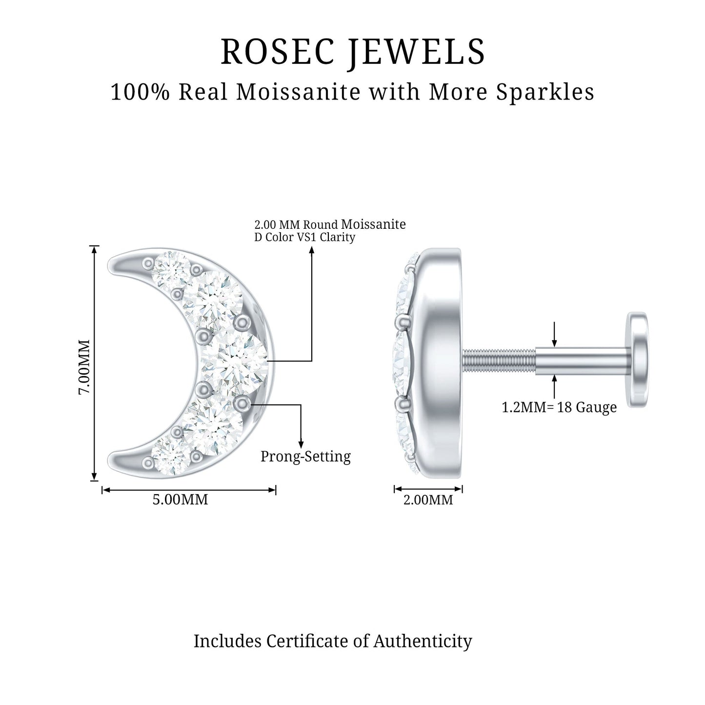 Moissanite Crescent Moon Helix Earring for Women