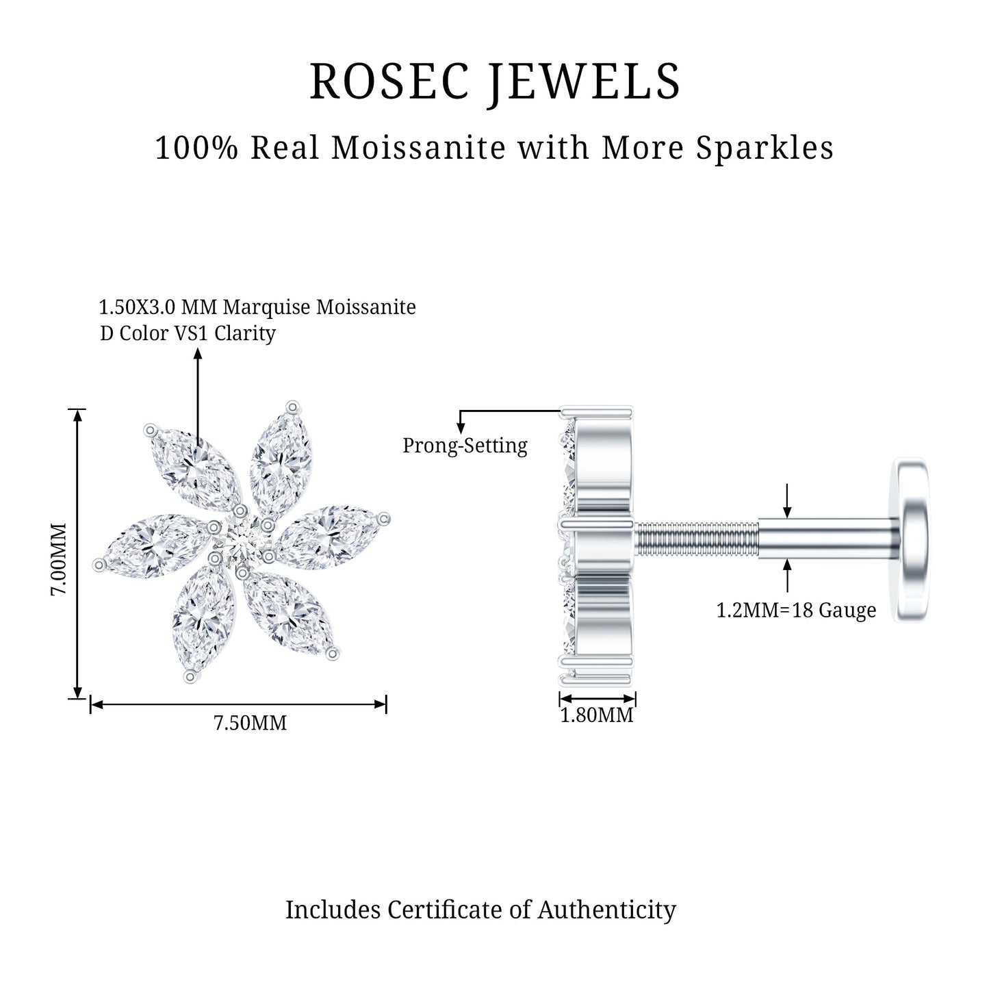 Marquise Moissanite Flower Earring for Cartilage Piercing