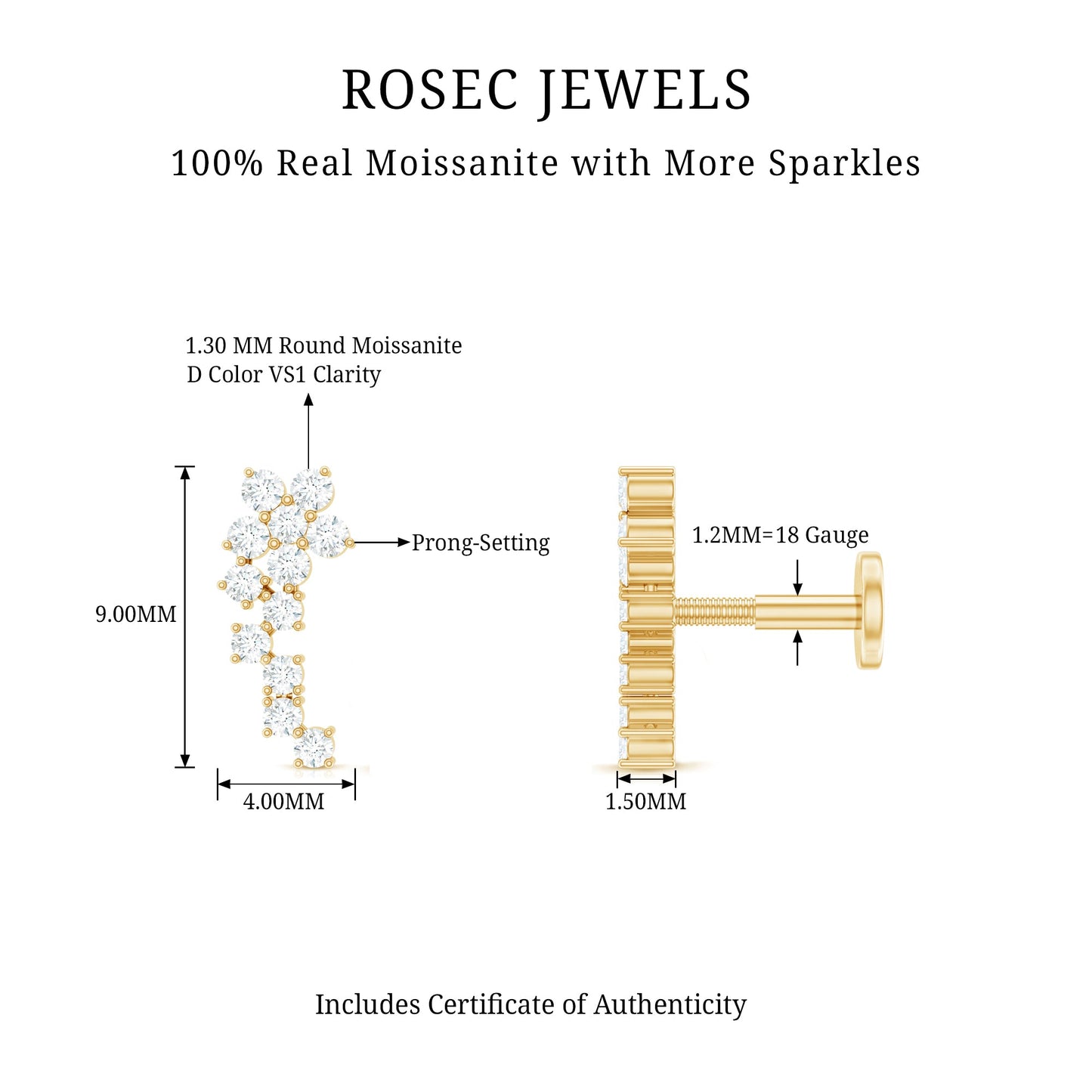 Moissanite Ear Crawler Earring for Cartilage Piercing