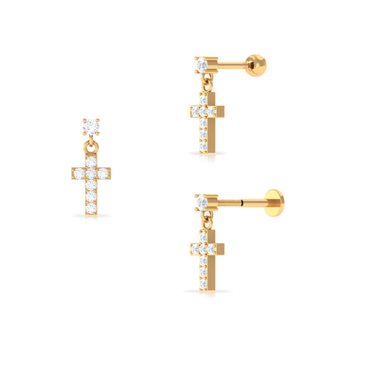 Moissanite Cross Dangly Earring for Helix Piercing