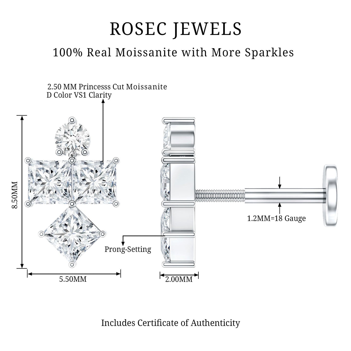 Round and Princess Cut Moissanite Cluster Helix Earring