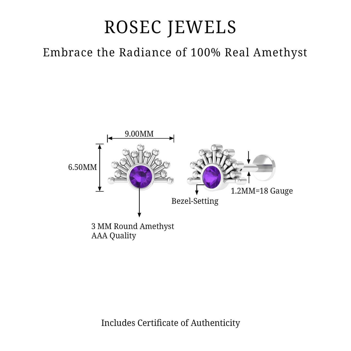 Bezel Set Round Amethyst Sunburst Helix Earring