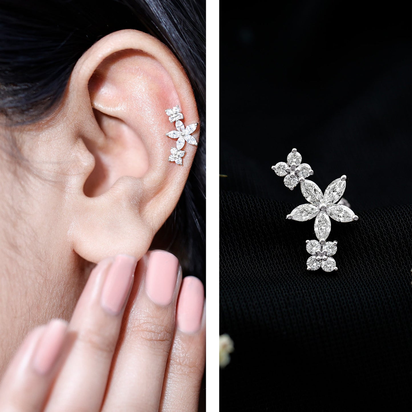 Certified Round Moissanite Flower Ear Crawler Earring