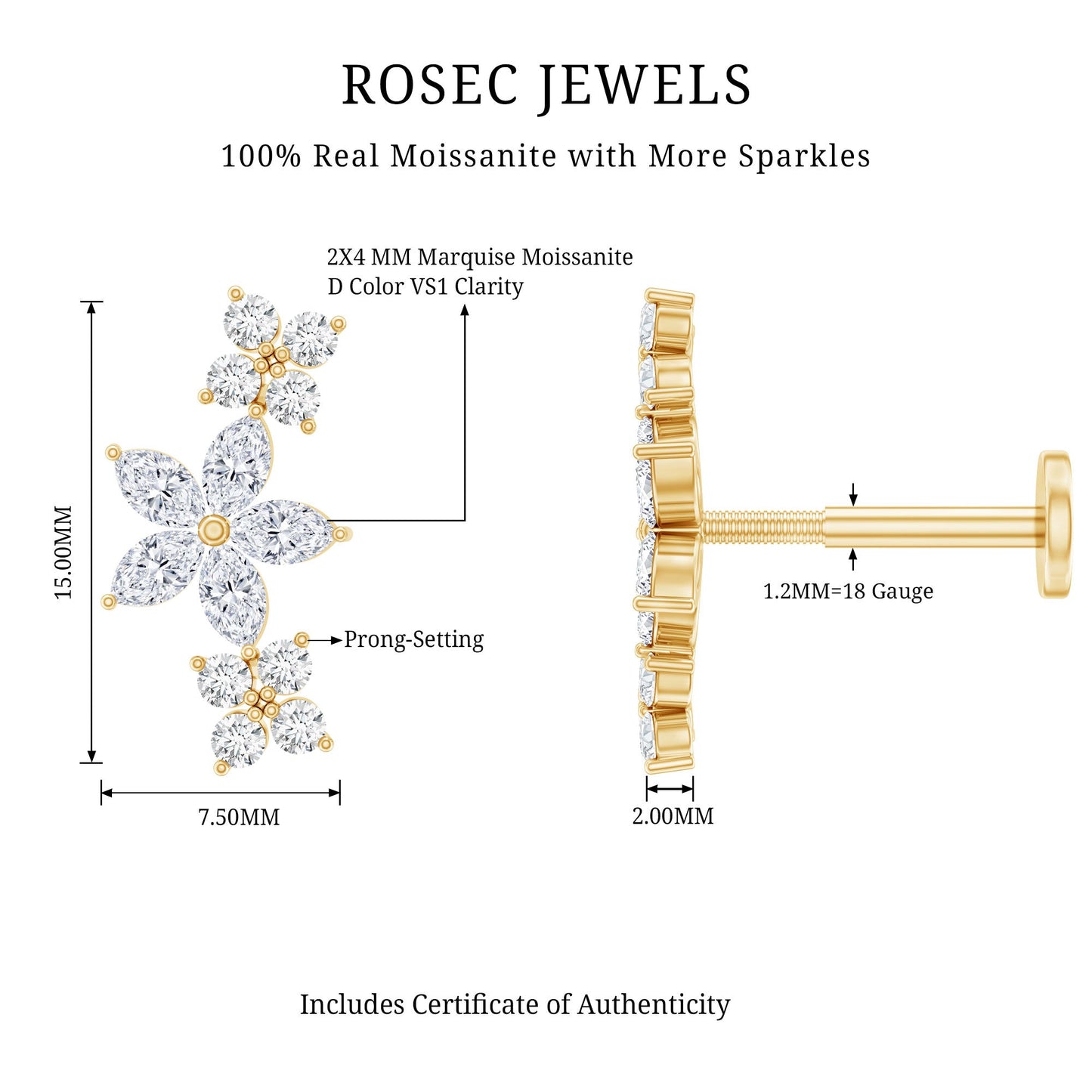 Certified Round Moissanite Flower Ear Crawler Earring