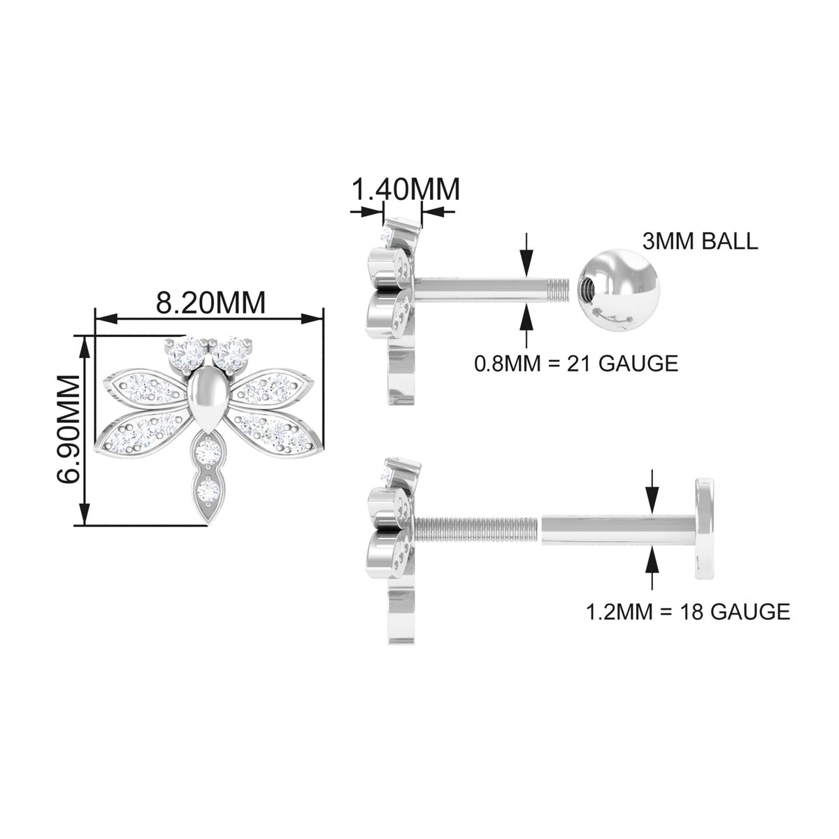 Diamond Dragon Fly Earring for Helix Piercing