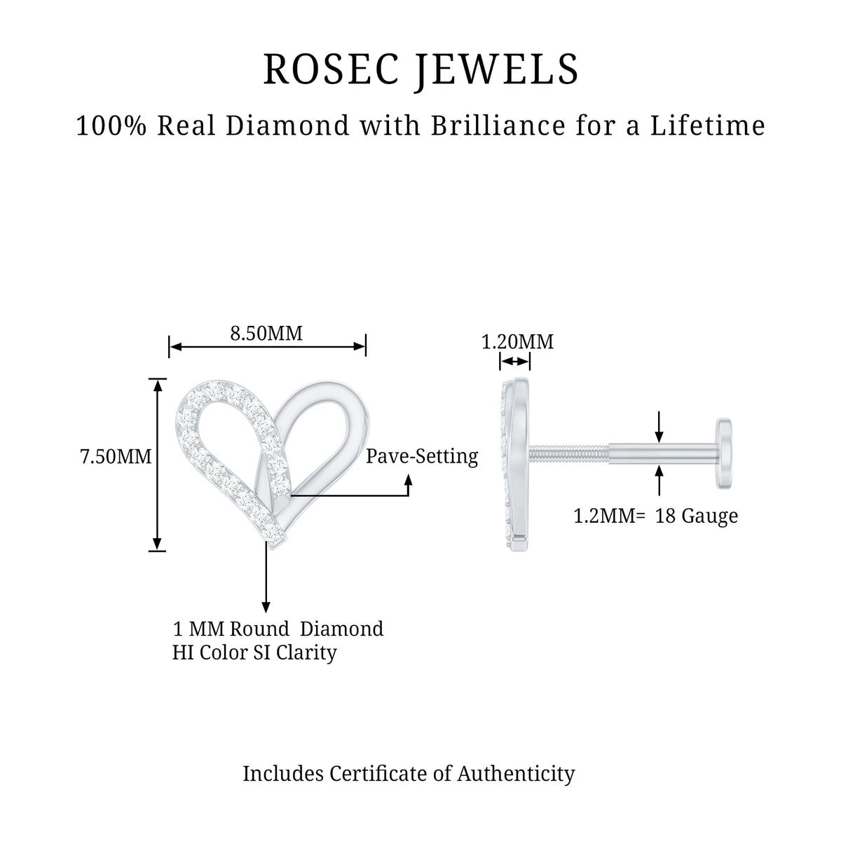 Diamond Heart Earring for Helix Piercing