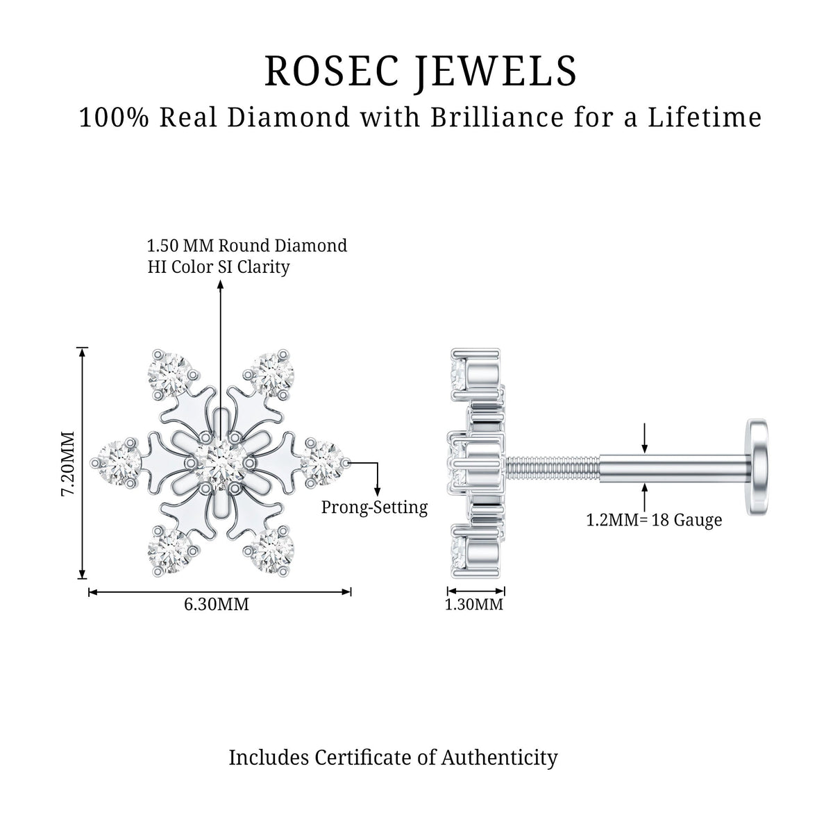 Diamond Snowflake Earring for Upper Lobe Piercing