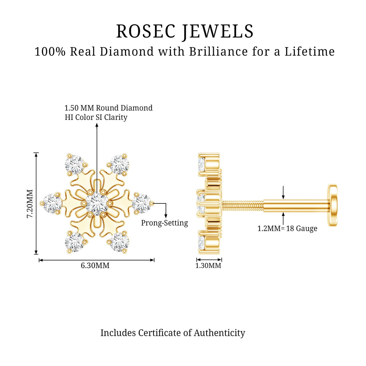 Diamond Snowflake Earring for Upper Lobe Piercing