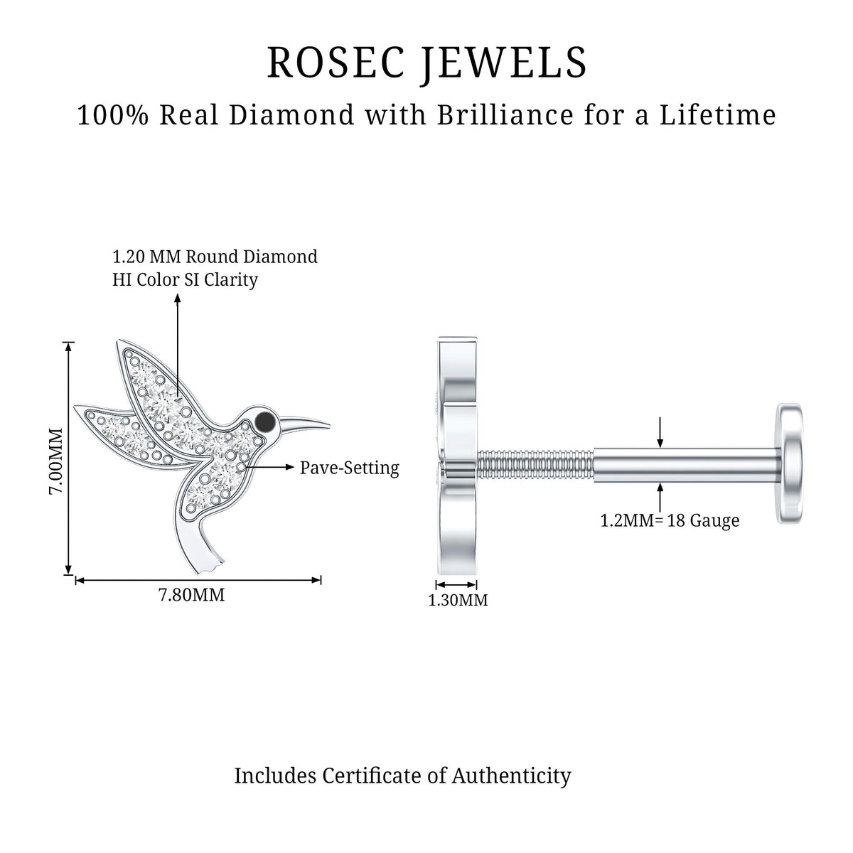 Diamond Hummingbird Earring for Helix Piercing