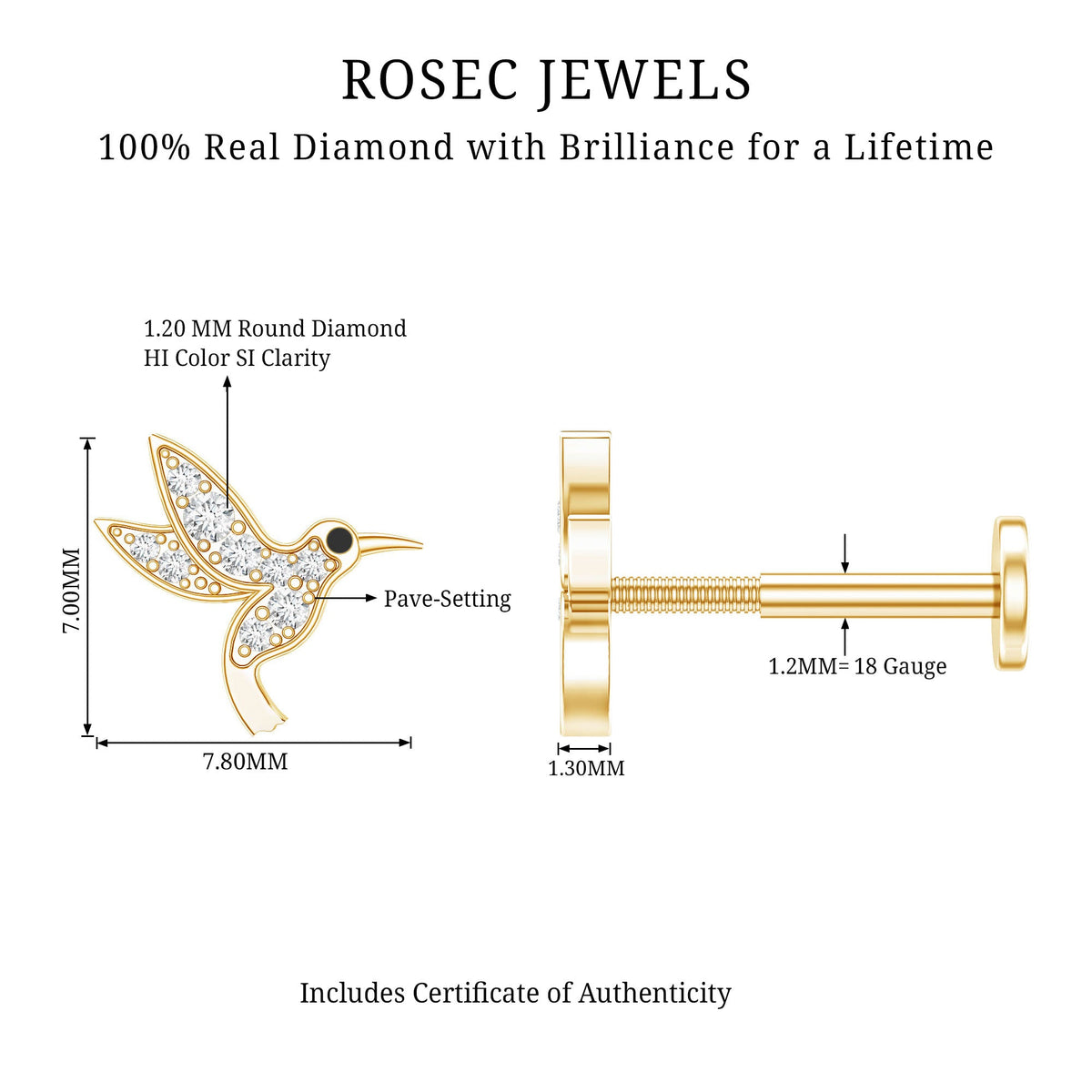 Diamond Hummingbird Earring for Helix Piercing