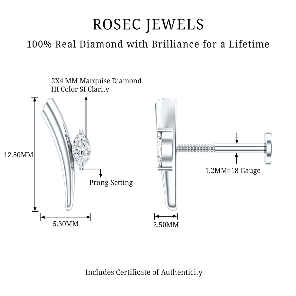 Marquise Cut Diamond Solitaire Earring for Tragus Piercing