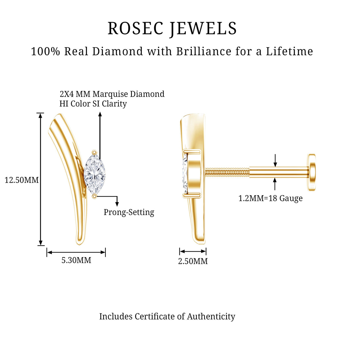 Marquise Cut Diamond Solitaire Earring for Tragus Piercing
