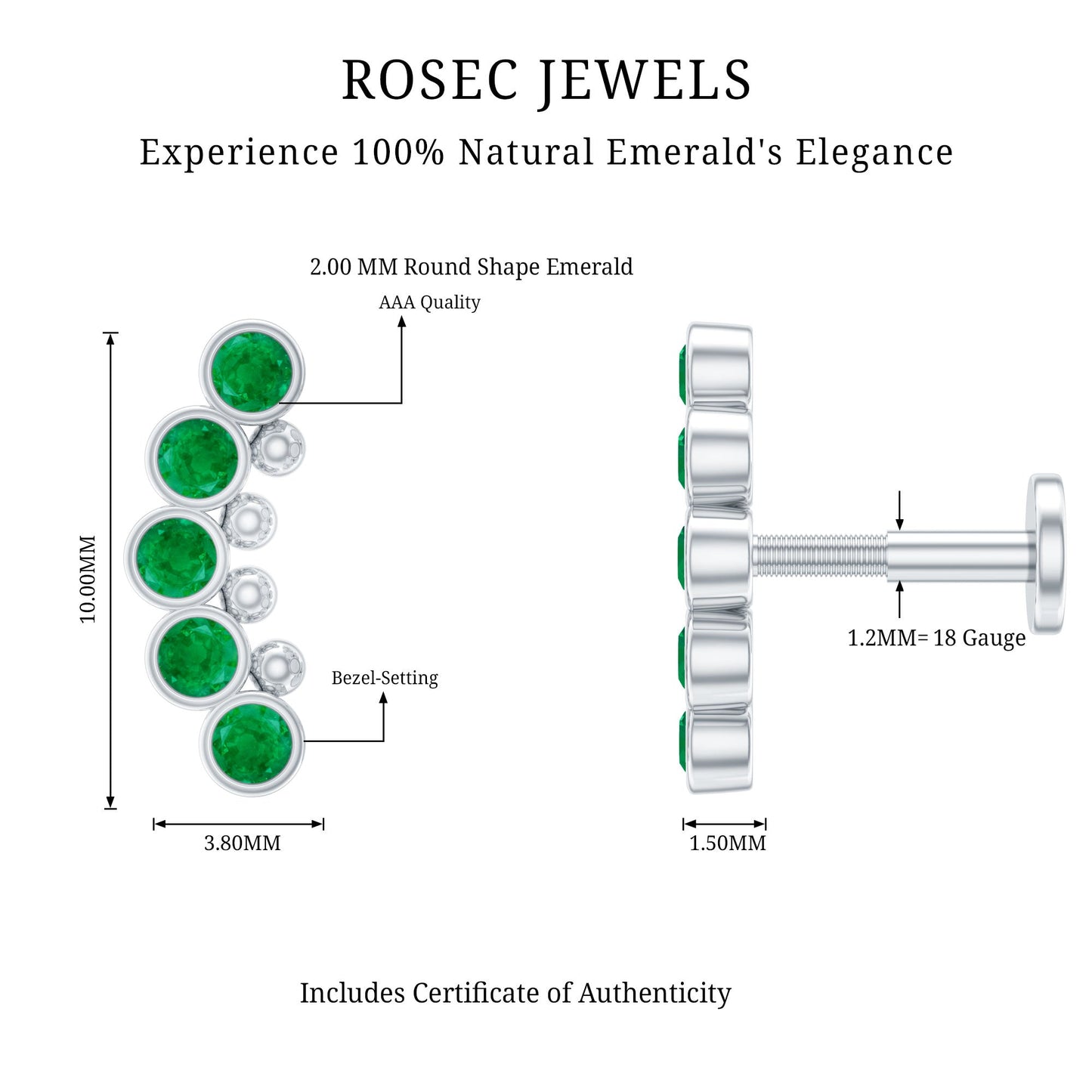 Natural Emerald Curved Climber Earring for Helix Piercing
