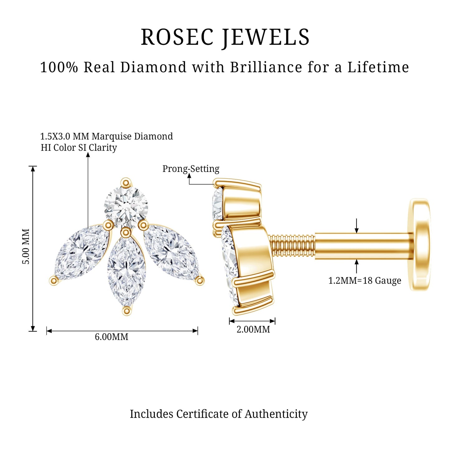 Marquise Shape Diamond Leaf Earring for Helix Piercing