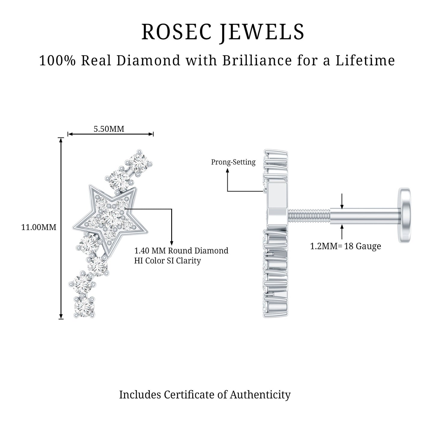 Certified Diamond Star Crawler Earring for Helix Piercing
