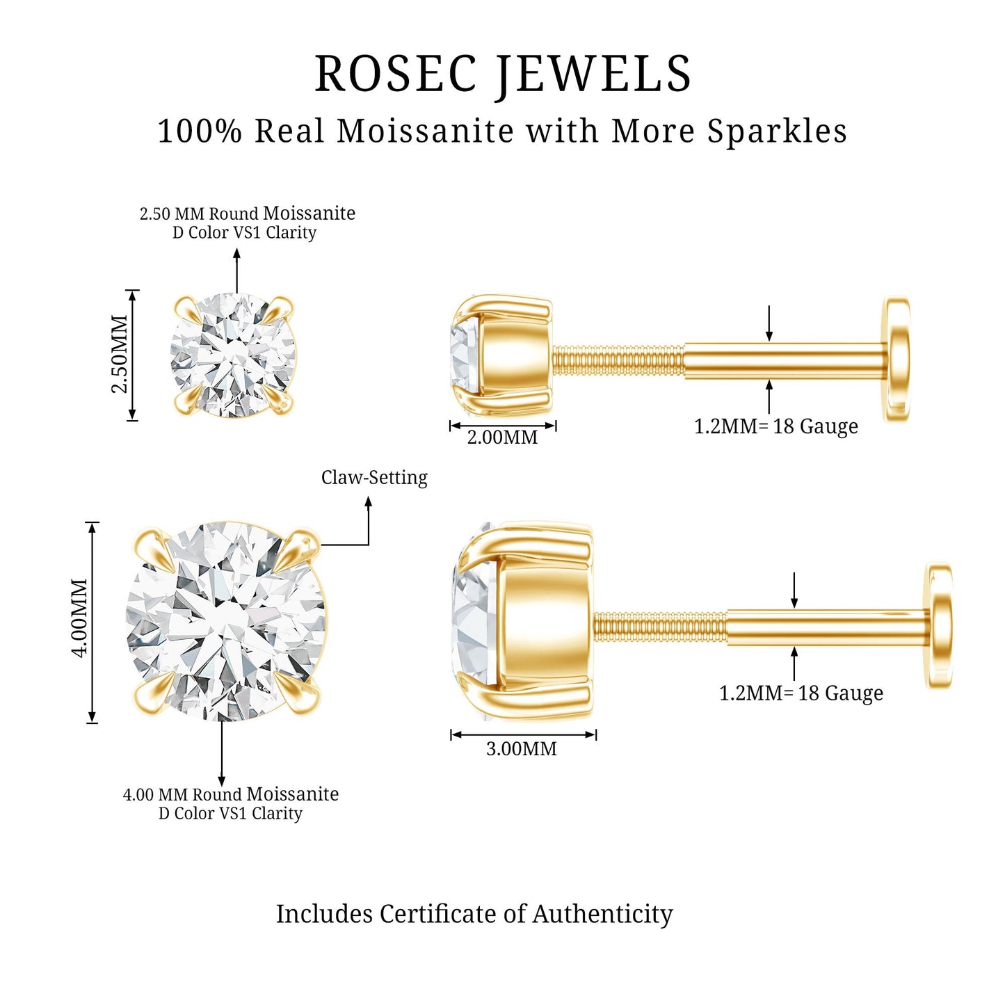 Solitaire Round Cut Moissanite Earring Set for Helix Piercing