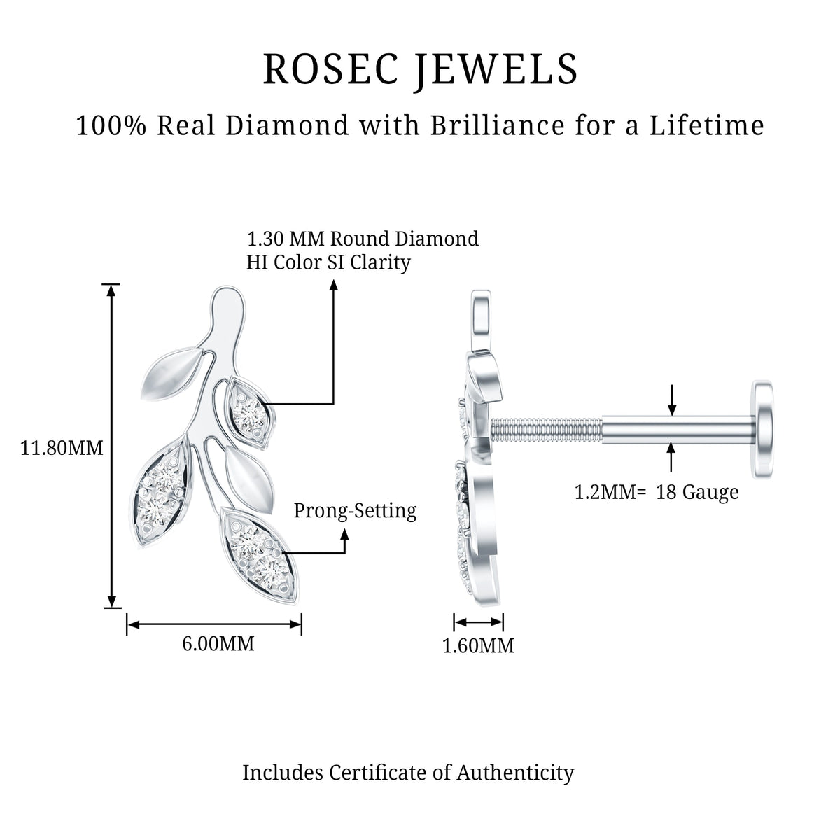 Diamond Vine Leaf Earring for Helix Piercing