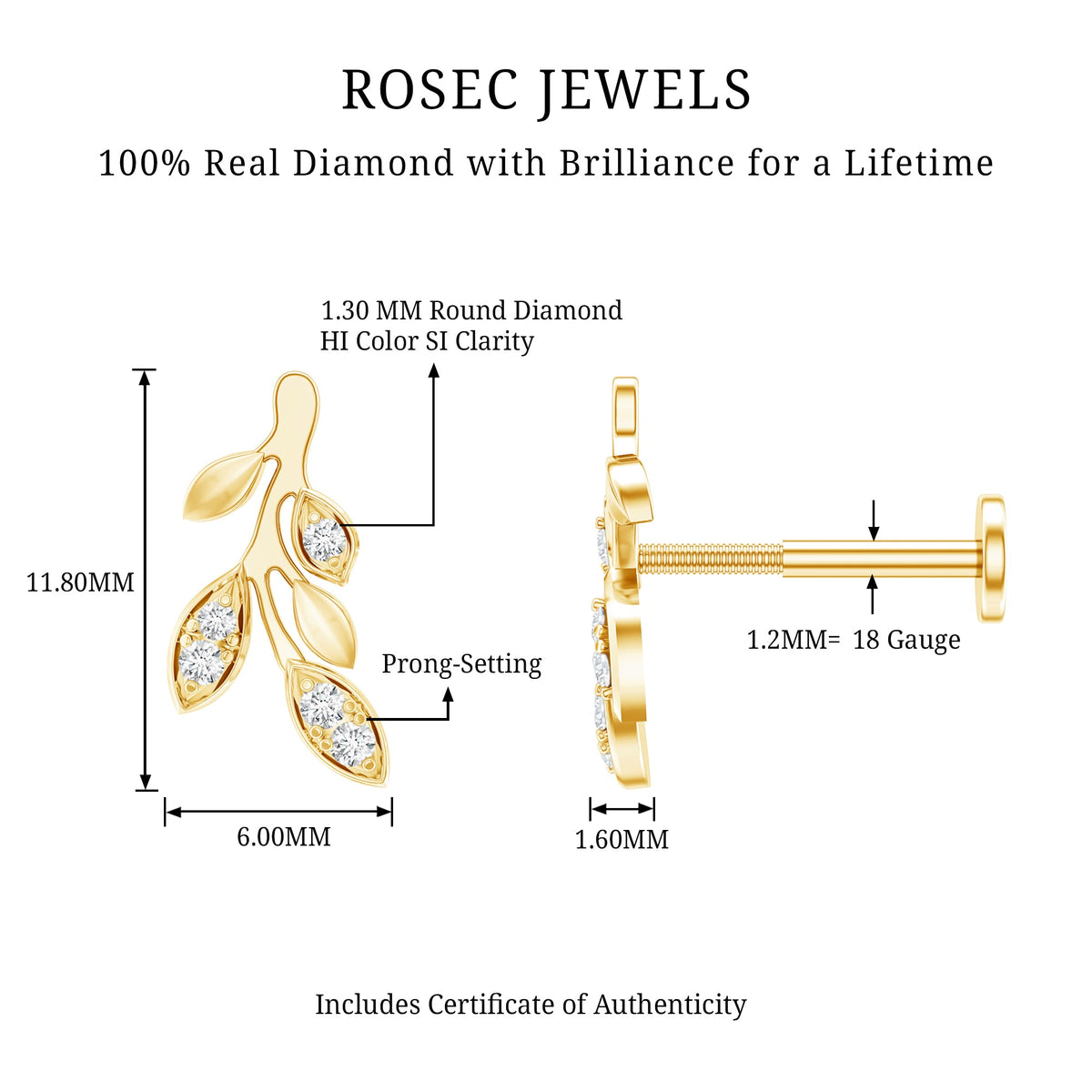 Diamond Vine Leaf Earring for Helix Piercing