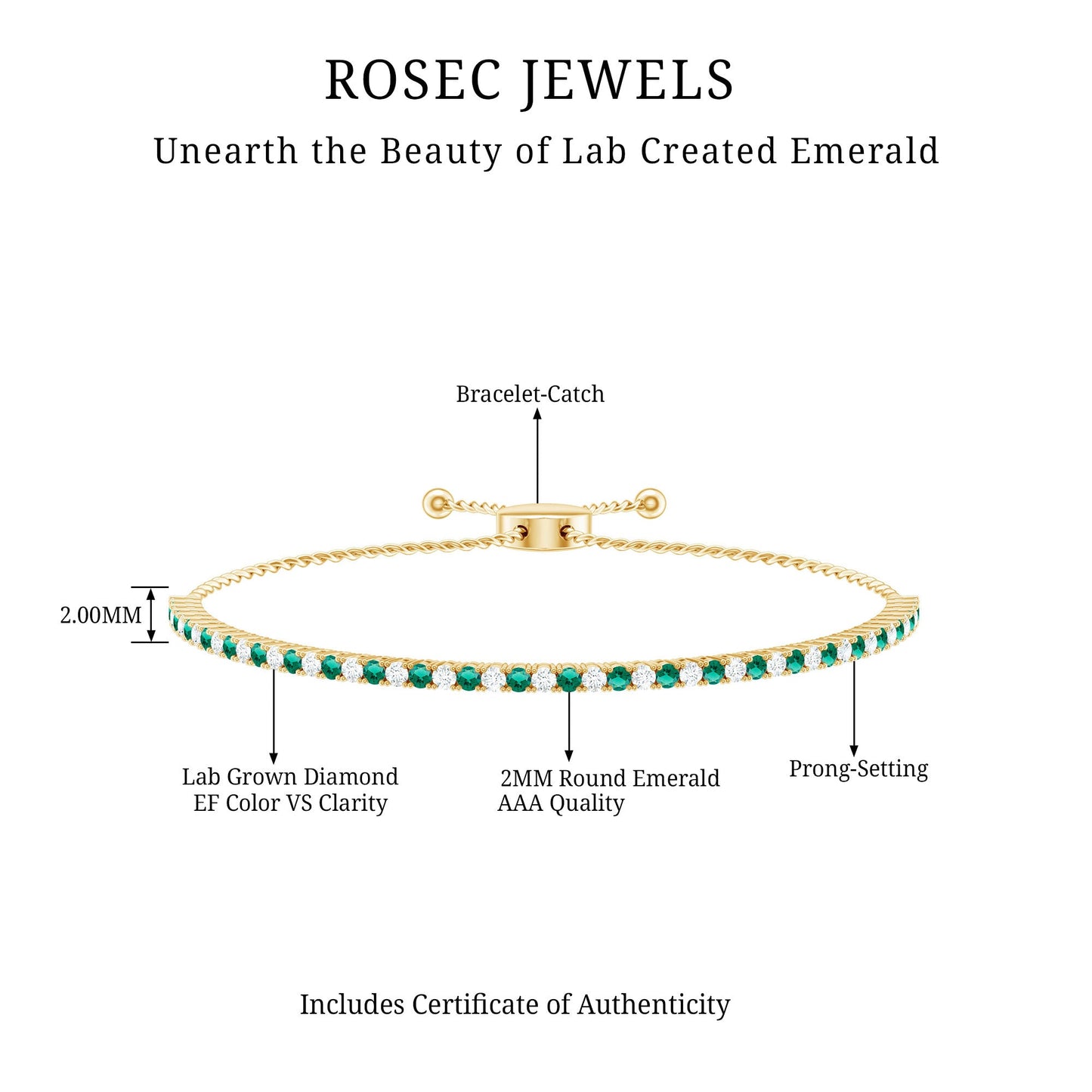 Certified Lab Grown Diamond and Emerald Bolo Bracelet For Wedding