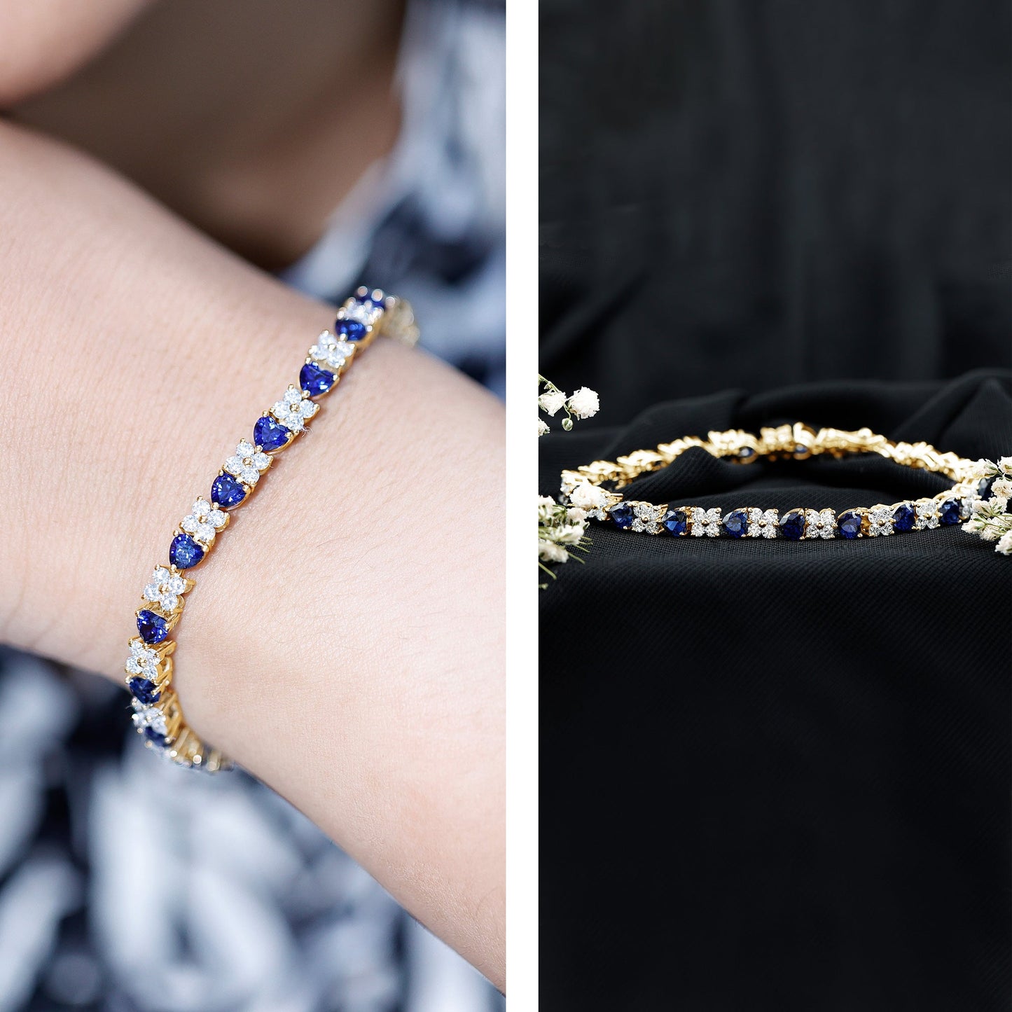 Heart Shape Lab Grown Blue Sapphire and Diamond Tennis Bracelet