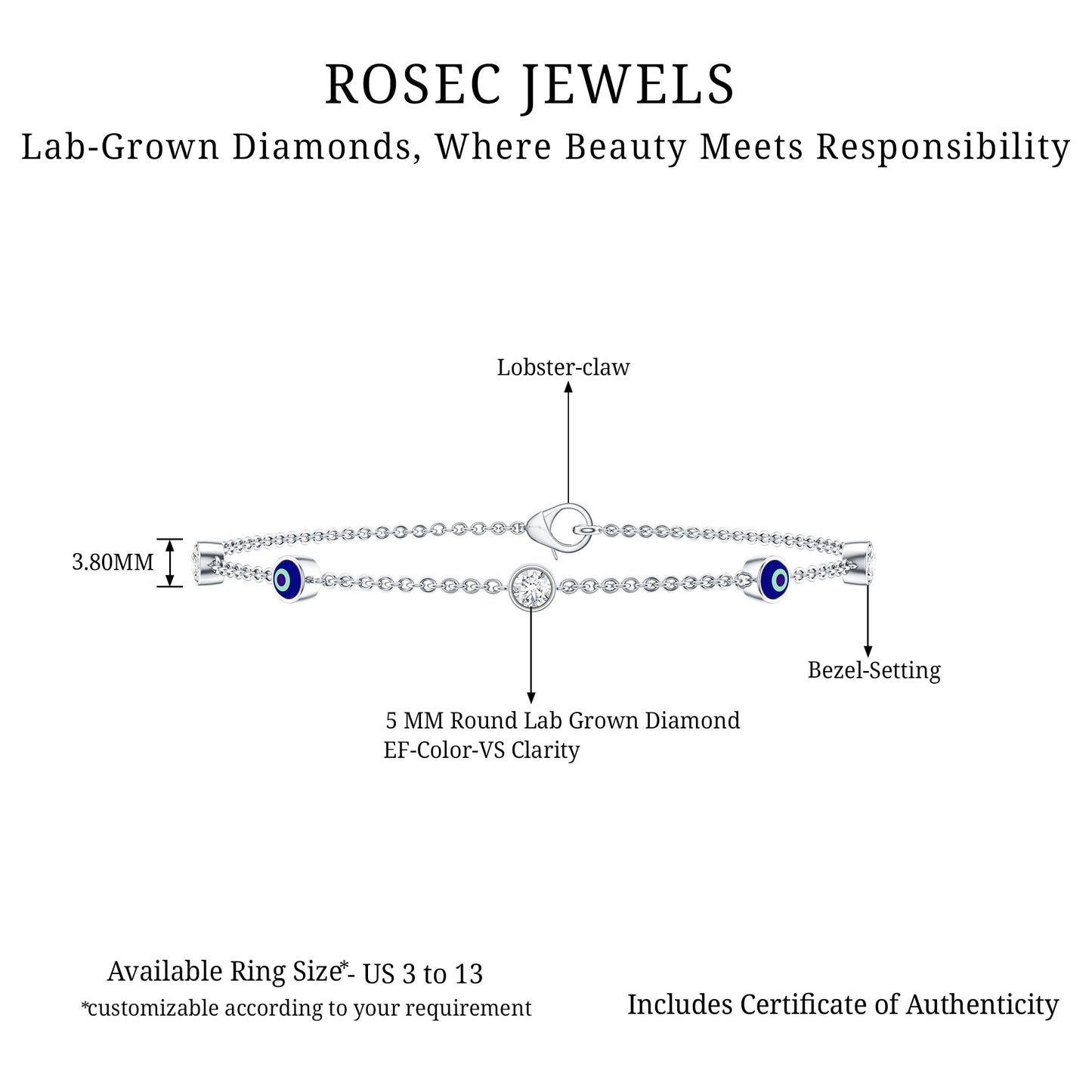 Lab Grown Bezel Set Diamond Evil Eye Bracelet