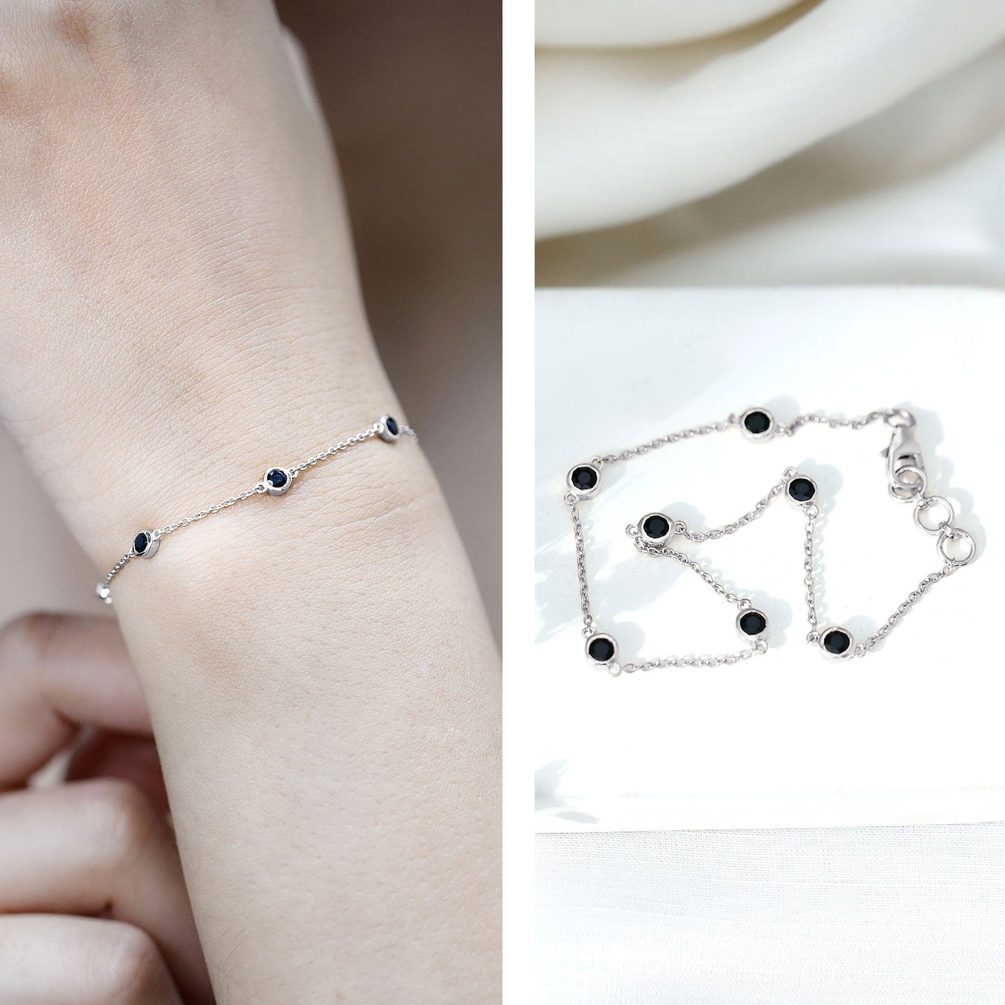 Bezel Set Black Onyx Seven Stone Station Chain Bracelet