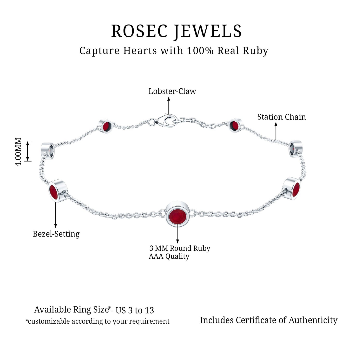 Natural Ruby 7 Stone Station Chain Bracelet for Women
