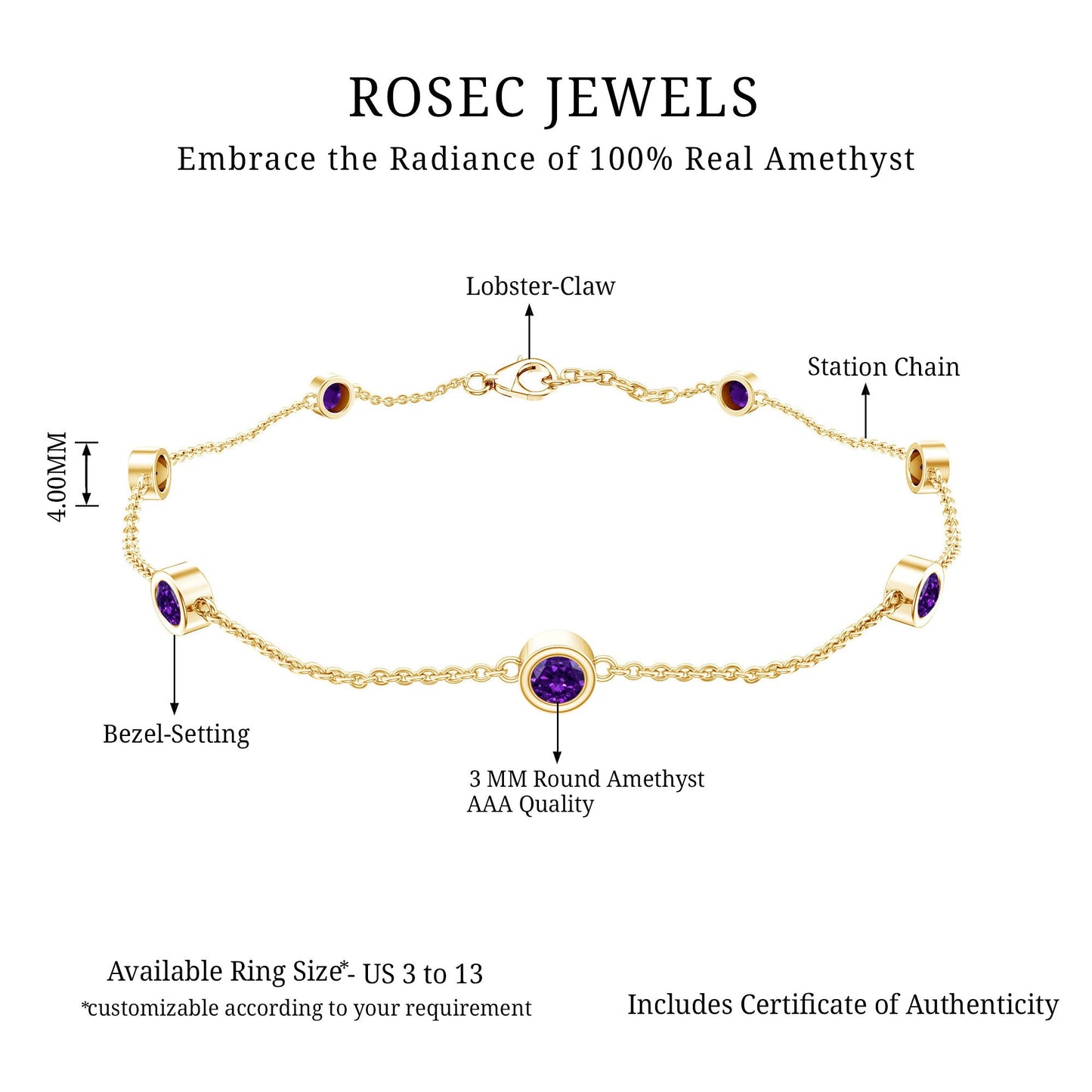 Real Amethyst Chain Bracelet in Bezel Setting